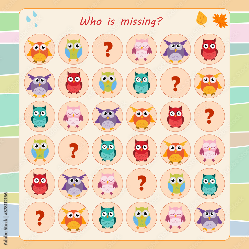 Logic game for children. Guess what's missing in each row