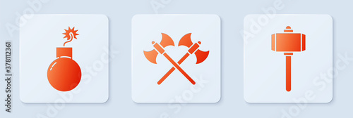 Set Crossed medieval axes, Bomb ready to explode and Battle hammer. White square button. Vector.