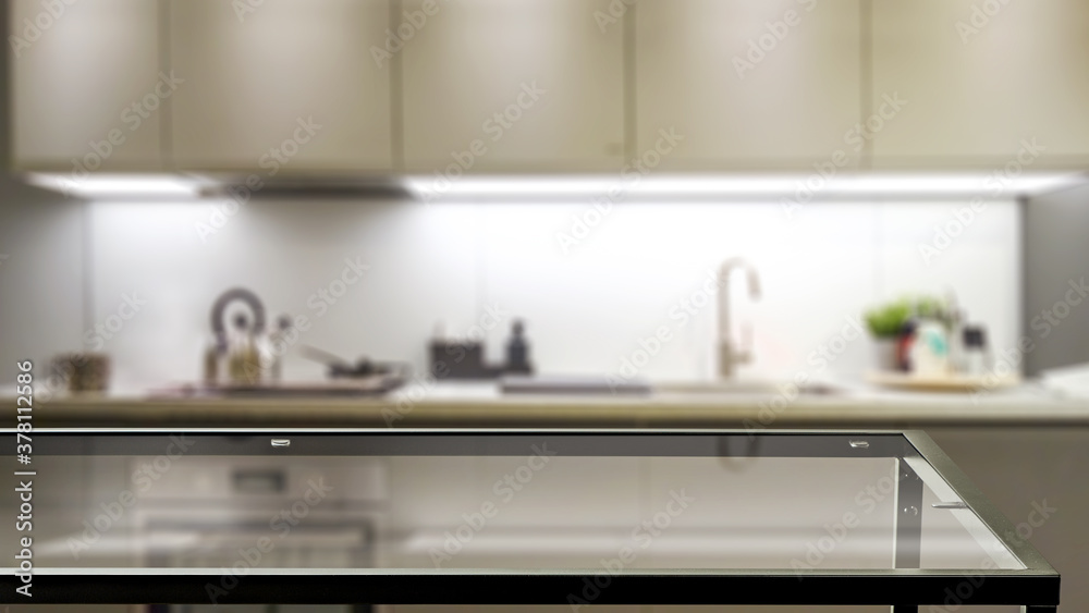 Table background of free space and kitchen interior Table background of free space and kitchen interior