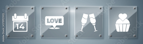 Set Wedding cake with heart, Glass of champagne, Speech bubble with text love and Calendar with February 14. Square glass panels. Vector.