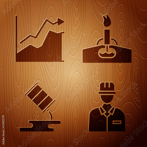 Set Oilman, Oil price increase, Barrel oil leak and Oil rig with fire on wooden background. Vector.