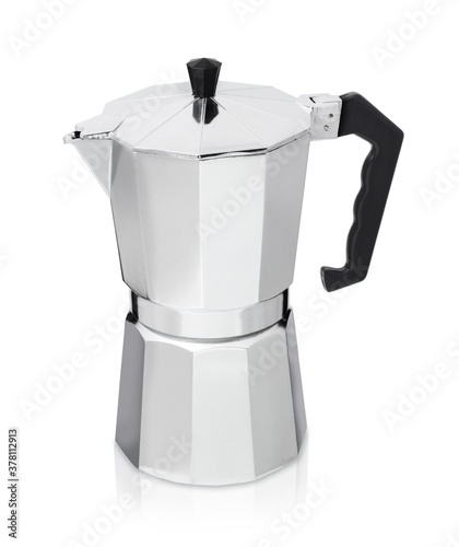 Metal coffee maker isolated, geyser coffee maker on white background