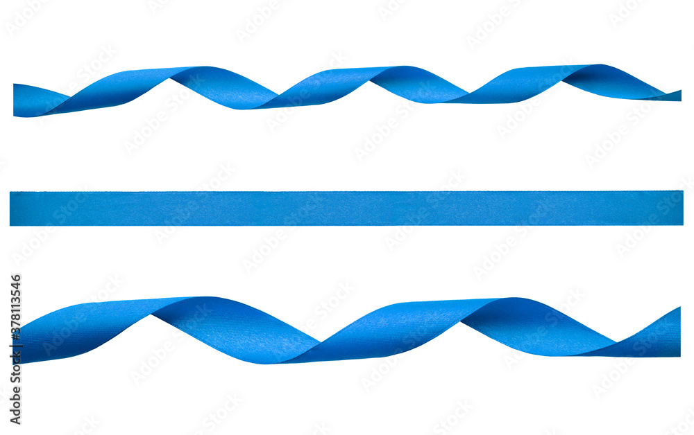 A set of curly blue ribbon for Christmas and birthday present isolated against a white background.