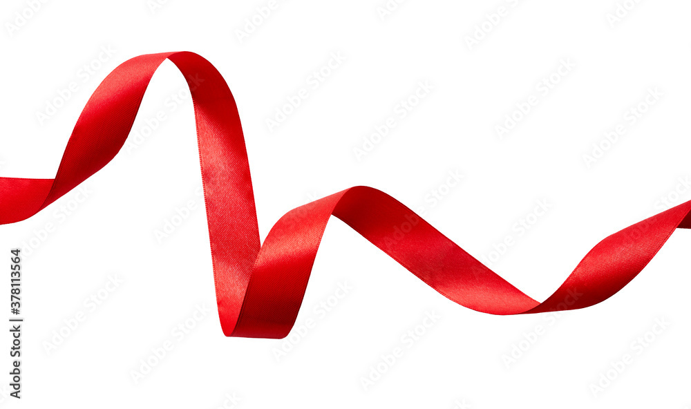 A curly red ribbon for Christmas and birthday present banner isolated against a white background.