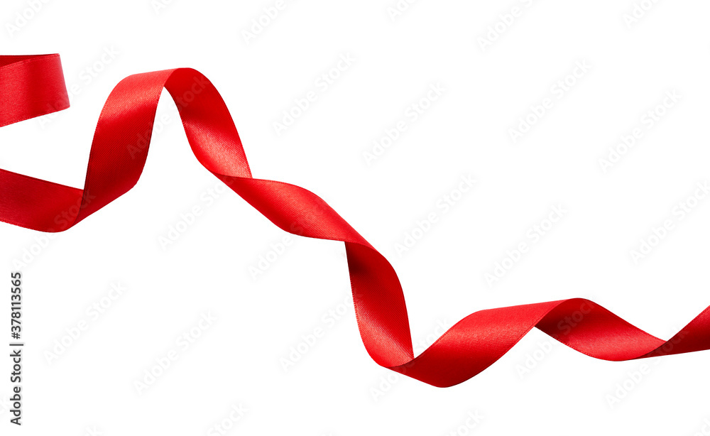 A curly red ribbon for Christmas and birthday present banner isolated against a white background.