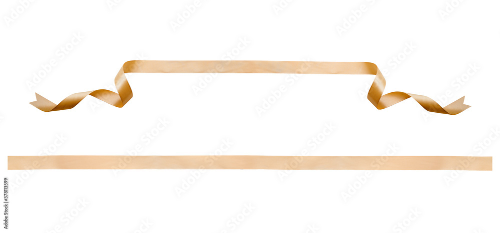 A curly gold ribbon for Christmas and birthday present banner set isolated against a white background.