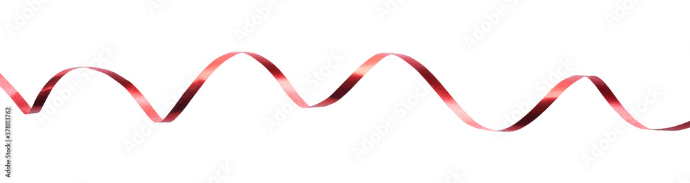 A thin curly red ribbon for Christmas and birthday present banner isolated against a white background.