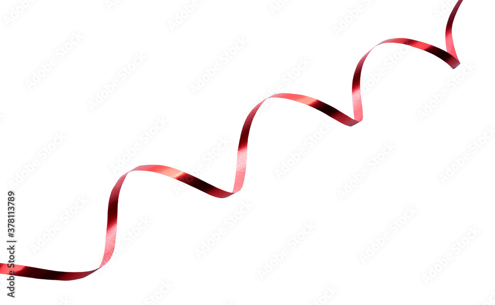 A thin curly red ribbon for Christmas and birthday present banner isolated against a white background. A thin curly red ribbon for Christmas and birthday present banner isolated against a white background.