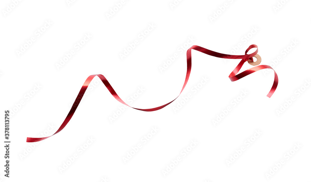 A thin curly red ribbon for Christmas and birthday present tag loop isolated against a white background.