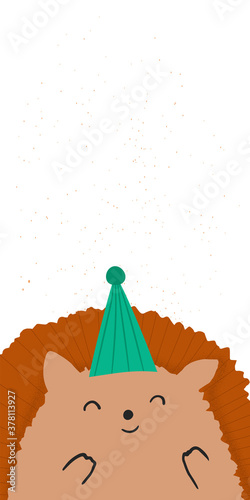 Vertical banner with cute hengehog and empty space. Design for kid's party cards, poster, template, placard. Vector illustrations. photo