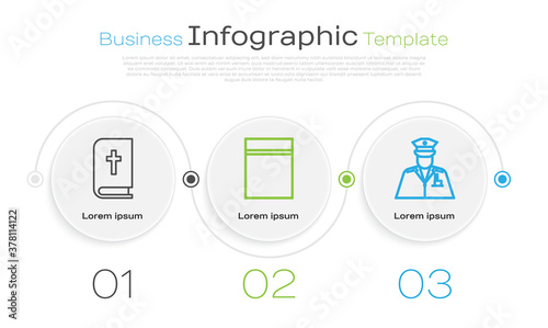 Set line Holy bible book, Plastic bag with ziplock and Police officer. Business infographic template. Vector.