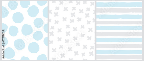 Cute Pastel Color Geometric Seamless Vector Patterns. Blue and Gray Hand Drawn Polka Dots, Crosses and Vertical Stripes on a White Background. Lovely Infantile Irregular Doodle Print. 