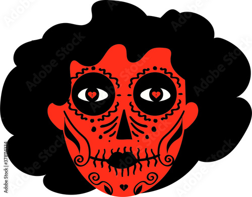 Cartoon sugar skull woman's head. Ornate face with Black hair. Flat vector illustration. Design for De los Muertos Mexican November national festival.