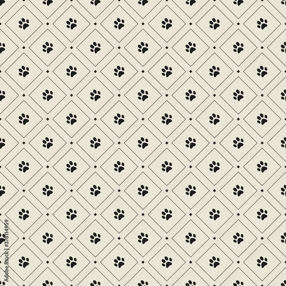 Ornament of rhombuses and paws in black on beige background. Vector seamless pattern. Ornament of rhombuses and paws in black on beige background. Vector seamless pattern.