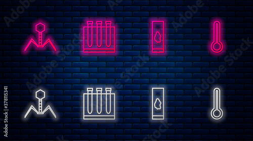Set line Blood test and virus, , Bacteria bacteriophage and Medical thermometer. Glowing neon icon on brick wall. Vector.