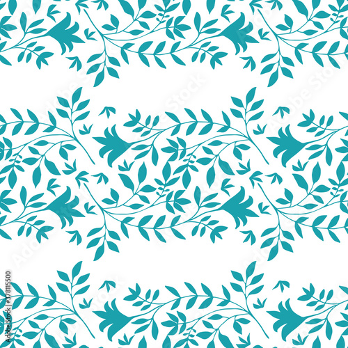 Elegant wild meadow grass seamless vector pattern background. Stylized aqua blue leaves in horizontal rows on white backdrop. Geometric damask style design. Botanical foliage all over print. © Gaianami  Design