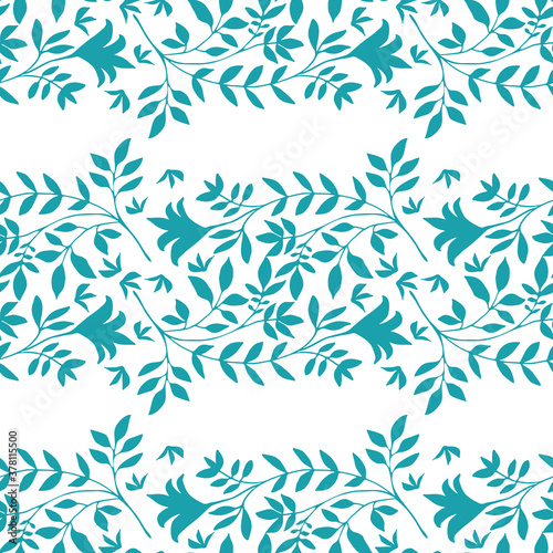 Elegant wild meadow grass seamless vector pattern background. Stylized aqua blue leaves in horizontal rows on white backdrop. Geometric damask style design. Botanical foliage all over print.