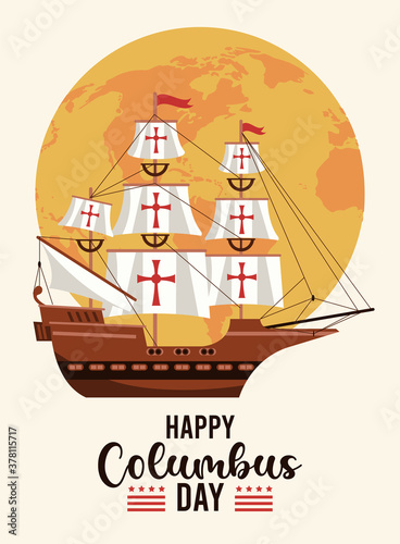 happy columbus day celebration with sail boat and earth planet