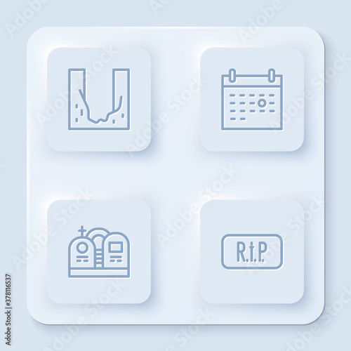 Set line Cemetery digged grave hole, Calendar death, Grave with tombstone and Speech bubble rip. White square button. Vector.