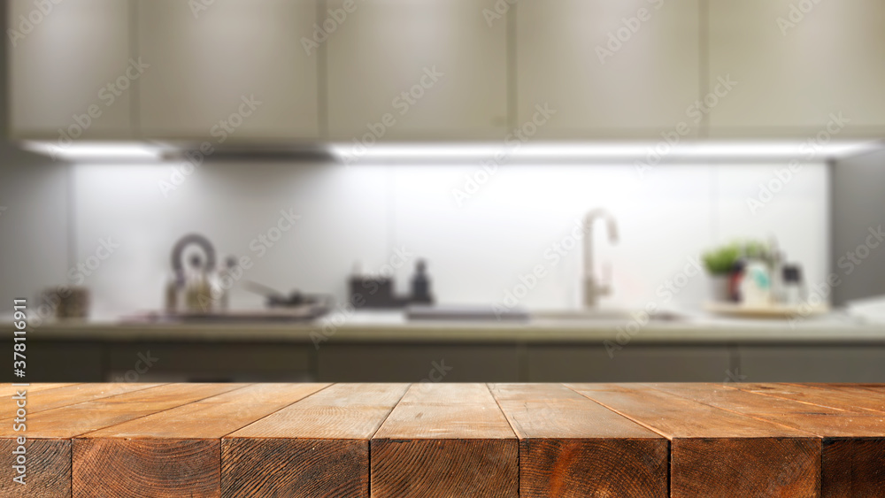 Table background of free space and kitchen interior  - obrazy, fototapety, plakaty 