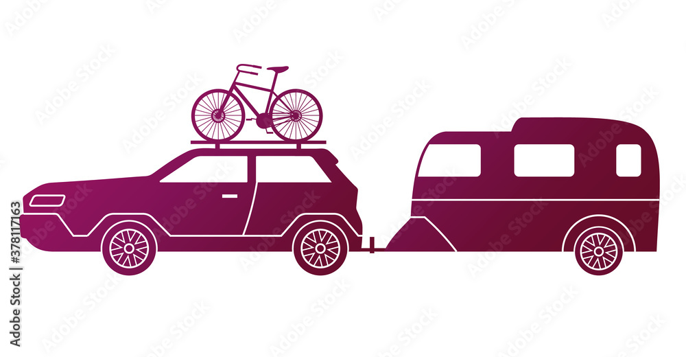 Traveling by car, caravaning tourism. Automobile with bike on the roof and travel trailer isolated on white background. Car tourism concept. Road trip around the world. Time to travel illustration