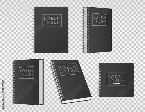 five notebooks mockup color black icons