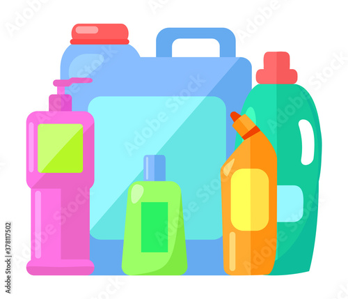 Large blue plastic canister, purple bottle with dispenser, green plastic container, toilet cleaner with tip, liquid gel for washing clothes. Set of containers for storing chemical liquid assets