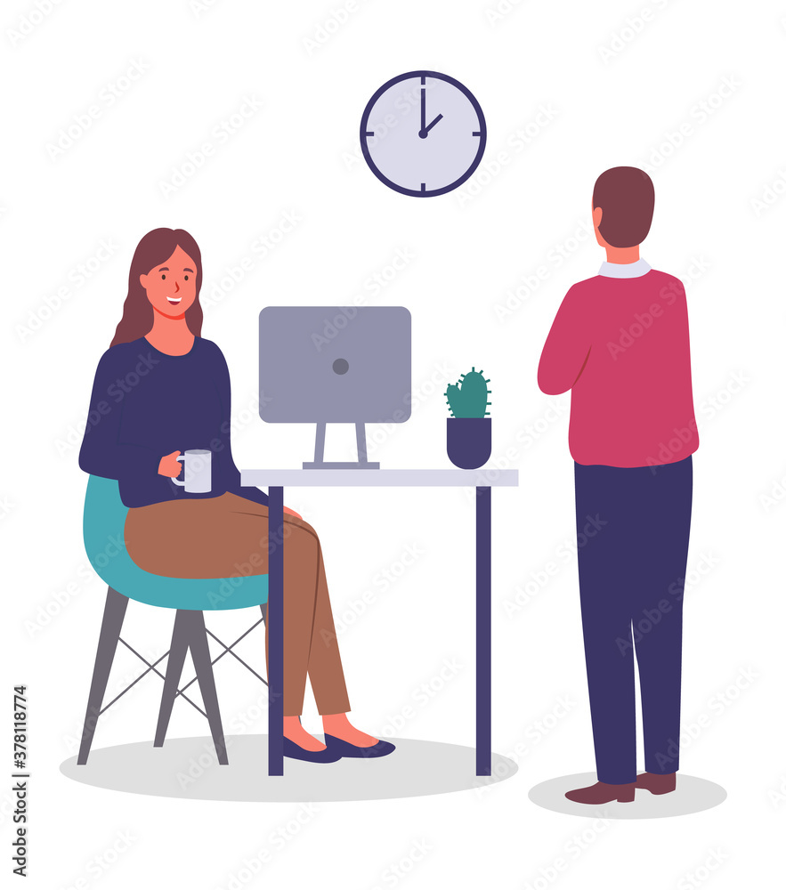 Man stands and looks at the clock on the wall, woman with glasses at table with monitor. Coffee break. Employees, colleagues or office staff. Communicate and work. Flat vector image isolated on white