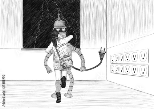 Slika na platnu Illustration of a girl hugging a robot on a thunderstorm night