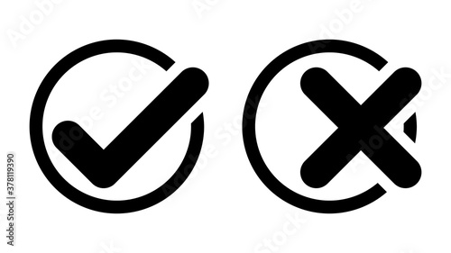 Set of Yes and No or Right and Wrong or Approved and Rejected Icons with Check Mark and Cross Symbols in Circles. Vector Image.