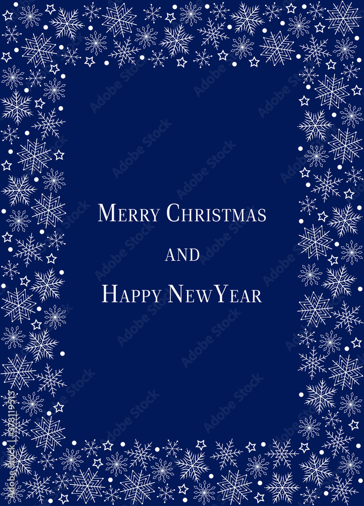 Fototapeta premium New Year greeting poster in classic style. Frame made of snowflakes. Christmas greetings.