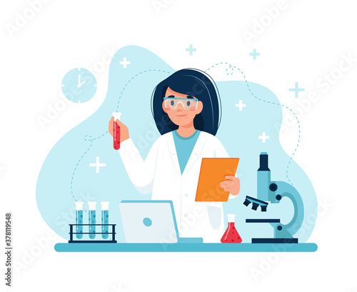 Scientist at work, female character conducting experiments in lab. illustration in flat style