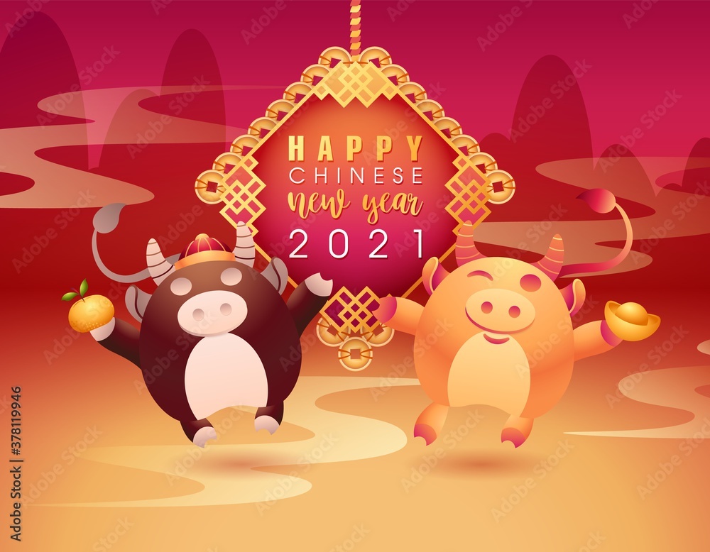 Happy Chinese New Year congratulation card. Oriental bull, ox mascot holds gold ingot and tangerine on mountains background. Calendar design with 2021 traditional pendant. Vector stock illustration.