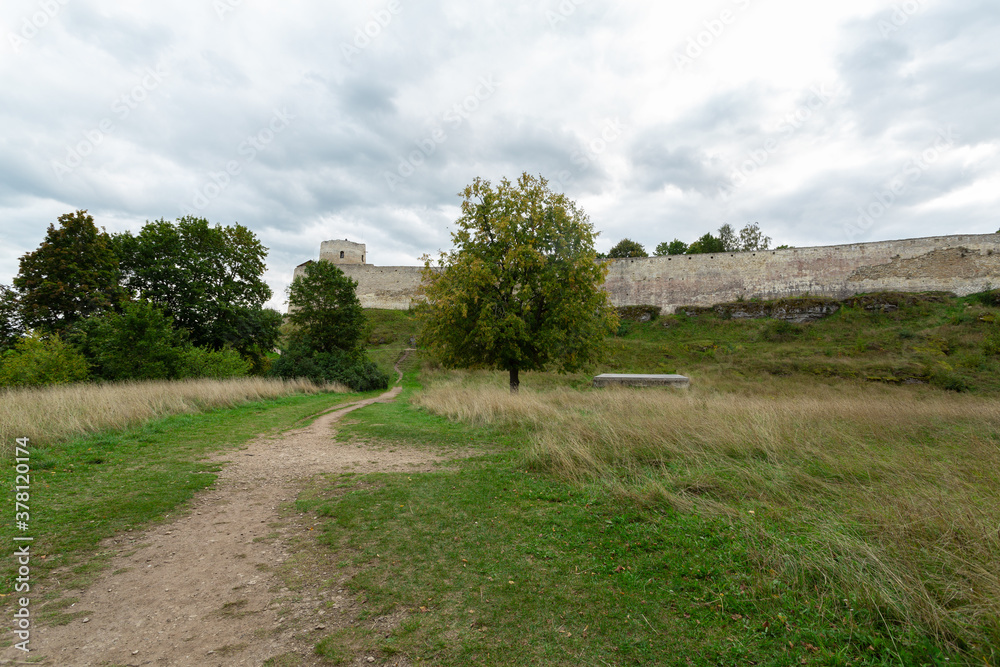 Panoramic view on the fortress of Izborsk, Russia in early autumn. 