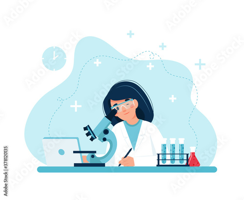 Scientist at work, female character conducting experiments with microscope. illustration in flat style