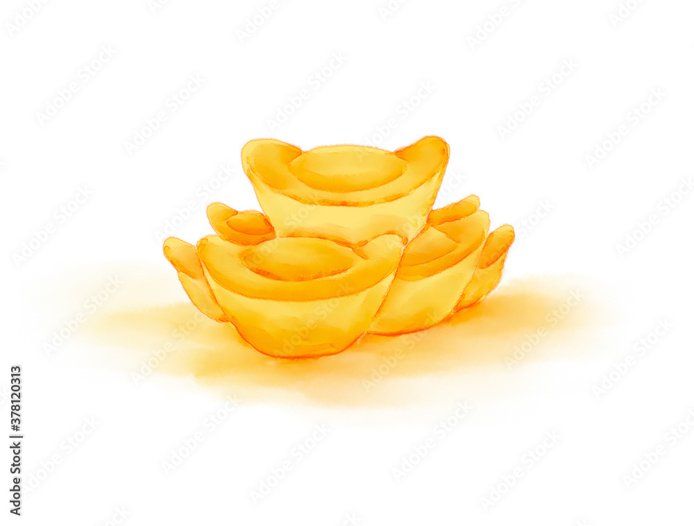 Watercolor Illustration of a bunch of gold ingots gleaming, isolated on white background. | 金元宝
