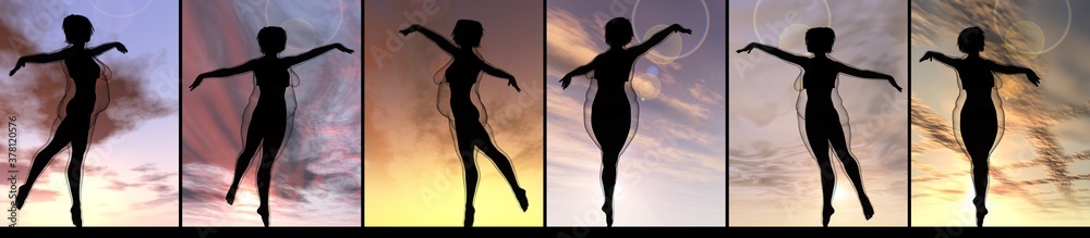 Conceptual fat overweight obese female vs slim fit healthy body after weight loss or diet with muscles thin young woman over sunset. Fitness, nutrition or fatness obesity, health shape 3D illustration Conceptual fat overweight obese female vs slim fit healthy body after weight loss or diet with muscles thin young woman over sunset. Fitness, nutrition or fatness obesity, health shape 3D illustration
