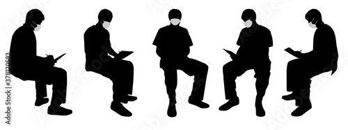 Vector concept conceptual  silhouette men working while social distancing as means of prevention and protection against coronavirus contamination. A metaphor for the new normal..