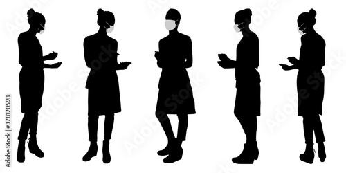 Vector concept conceptual  silhouette women working while social distancing as means of prevention and protection against coronavirus contamination. A metaphor for the new normal.