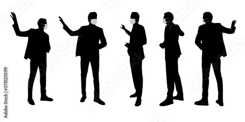 Vector concept conceptual  silhouette men talking while social distancing as means of prevention and protection against coronavirus contamination. A metaphor for the new normal.