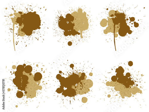 Vector collection of artistic grungy paint drop, hand made creative splash or splatter stroke set isolated white background. Abstract grunge dirty coffee stain group or graphic art vintage decoration