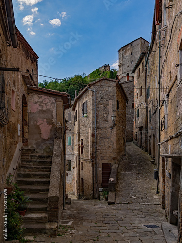 Lonely street at the old town of Sorano at the Tuscany Region in Italy 