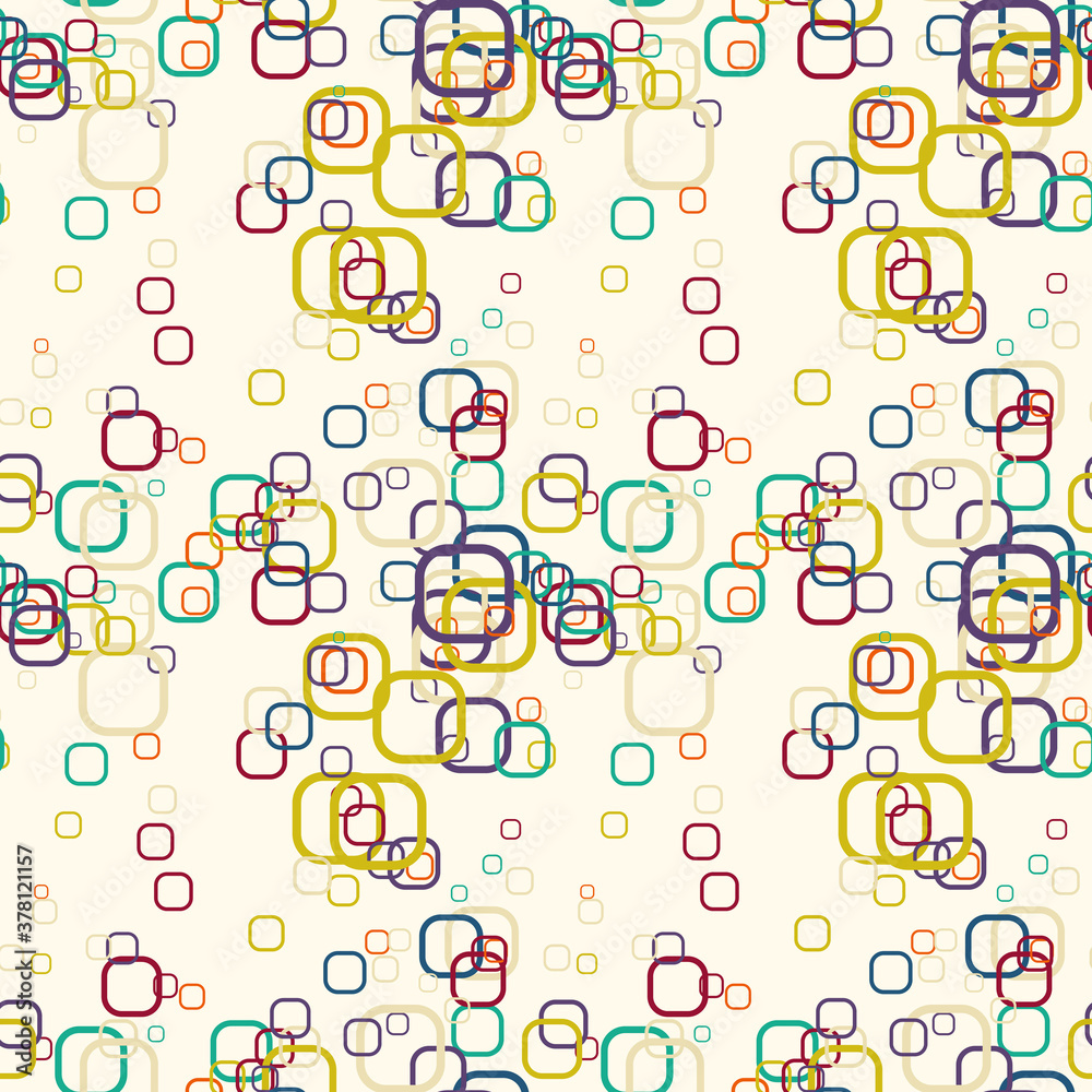 Cartoon colorful geo seamless pattern with chaotic round squares. Confetti wrapping paper. Messy geometric infinity background. Vector illustration. Cartoon colorful geo seamless pattern with chaotic round squares. Confetti wrapping paper. Messy geometric infinity background. Vector illustration.