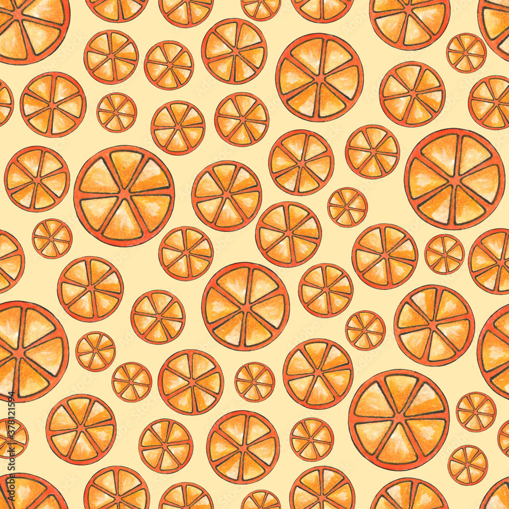 Seamless watercolor background of orange slices. Summer design for the decoration of textiles and items.