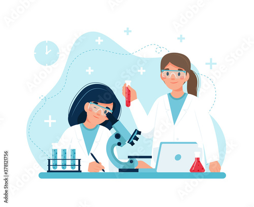 Scientist at work, characters conducting experiments in lab. illustration in flat style