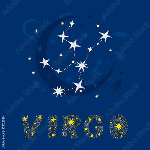 Hand drawn Virgo zodiac star constellation design. Abstract map of the night sky with blue background and decorative lettering. Vector isolated illustration for posters, prints, birthday cards. photo