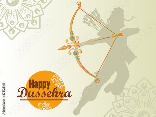 happy dussehra celebration card with god rama shadow and golden arch