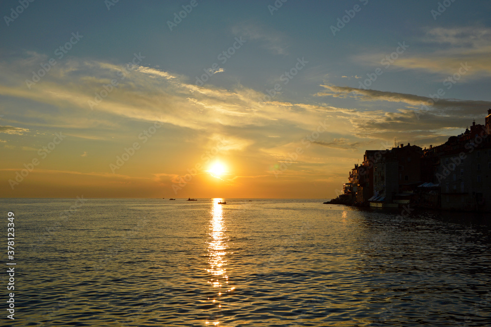 colorful sunset sky over the old town of Rovinj in Croatia