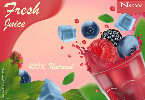 Sweet multi vitamin juice. 3D realistic black raspberry, blueberry, raspberry and frozen ice cubes. Promotion banner. Vector illustration.