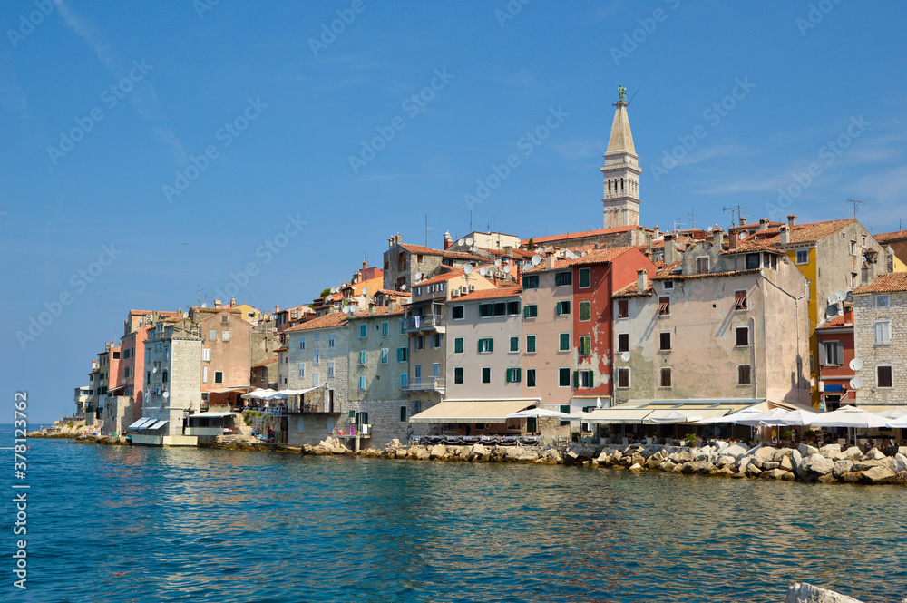 panoramic view of Rovinj old town in Croatia with calm sea and blue sky